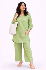 Fresh Green Linen Kurta Palazzo Set for Women
