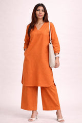 Rust Orange Linen Kurta Palazzo Set for Women