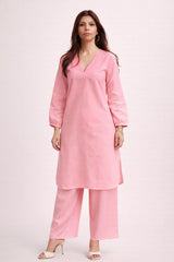 Soft Pink Linen Kurta Palazzo Set for Women
